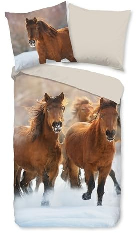 Traumschloss Flanell Kinder Bettwäsche - Ponys - Winter, Schnee, beige 135x200 / 80x80