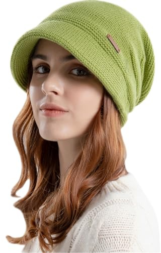 Enwokran Damen Strickmütze Beanie Mütze Gefüttert Fleece mit Krempe Baskenmütze Warme Schirmmütze für Winter