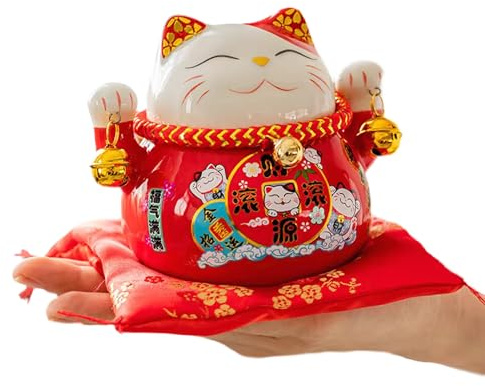 Tissting Lucky Cat Money Box 4.5in/12cm Ceramic Feng Shui Decor for Home Office - Maneki Neko Cat with Bells Fengshui Thriving Business Savings Jar for Birthday Christmas New Year Gift