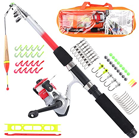 Q-Tac - Angelset für Kinder [Fertig montiert & Angelrolle bespult] Teleskop-Angelrute 165 cm, Kinderangel sofort einsatzbereit, Angel Set komplett (Rot