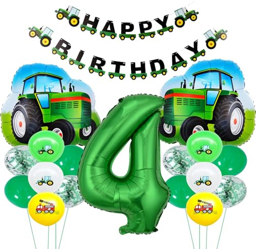 ZWWsullo Traktor Geburtstag Deko Set für 4 Jahre Junge - Luftballons, Geko und Geschenke zum Kindergeburtstag