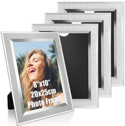 AHAQU 4PCS 8x6 Inch Glass Photo Frames, Mirrored Glitter Photo Frame, Silver Crystal Picture Frame, Freestanding Photo Frames for Home Decoration, Office Display, Gifts