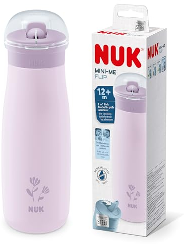 Gobelet à couvercle rabattable et paille NUK Mini-Me pour bébé | 12+ mois | 500 ml | Biberon pour enfant en acier inoxydable | Bec renforcé anti-fuites | Résistant aux chocs | Fleur violette