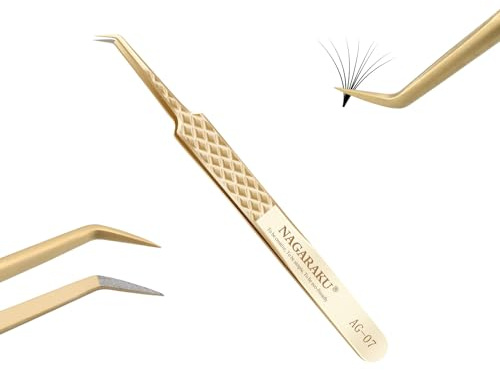 NAGARAKU Fiberspets Volym Ögonfransympning Professionell Precision Wimpertång Halkfritt Ögonfranspincett Rostfritt Stål Franspincett Böjd Spets Tweezer För Att Skapa Ögonfransblommor (45°AG-07)