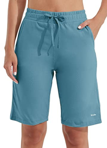 WILLIT Pantaloncini da donna in cotone, pantaloni lunghi da yoga, lunghezza al ginocchio, per allenamento estivo, 10, con tasche, blu navy, S