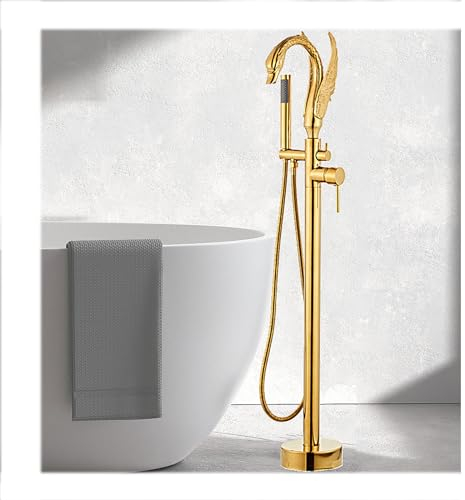 WRJAHCG Badewanne Heiße Und Kalte Standarmatur Bodenmontage Wannenarmatur Messing Standarmatur Mit Handbrause Retro Freistehende Armatur,B_Gold