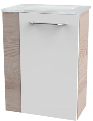 FACKELMANN B.CLEVER Gäste-WC Set 2 Teile – Waschtischunterschrank in Weiß mit Holz Braun mit Waschbecken aus Glas in Weiß – SBC Waschbeckenunterschrank schmal – Türanschlag rechts – 45 cm breit