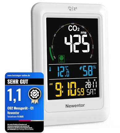 Newentor CO2-mätare, 4 CO2-koncentrationsnivåer med larm och ventilationsrekommendationer, batteridrift och USB-port med 3 ljusstyrkenivåer, för skolor, kontor, vardagsrum, NDIR, vit, 1-pack