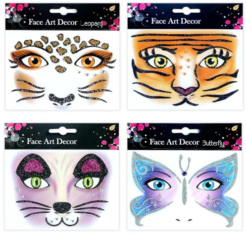 Adesivi Tatuaggi Temporanei per il Viso di Animale, 4 Pezzi Adesivi Rimovibili per il Viso, Tatuaggi Facciali Leopardato tigre Farfalla gatto, Glitter Sticker Tatuaggio per Halloween, Carnevale
