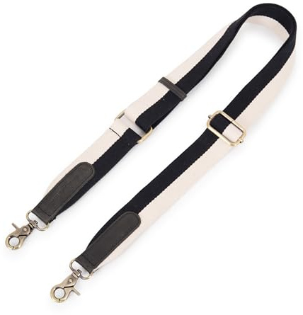 HOLZRICHTER Berlin Premium Taschengurt aus Baumwolle - Webgurt No 6-1 - Längenverstellbarer Schultergurt mit Karabiner in Off-White und Schwarz - Lederakzente in Schwarz