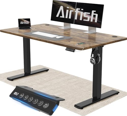 Airfish Höhenverstellbarer Schreibtisch 140x60cm mit USB-Buchse, Schreibtisch Höhenverstellbar Elektrisch mit Memory Funktion, 73-118cm, Braun
