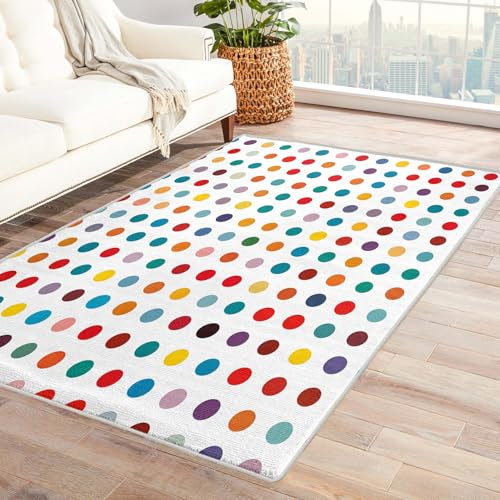 Punkte Teppich Kinder - Teppich Wohnzimmer Schlafzimmer Bunte Punkte, Großer Teppich Regenbogen, Weich Kurzflor & Waschbar & rutschfest Wohnzimmerteppich, Kinderteppich, Bettvorleger 120x180 cm
