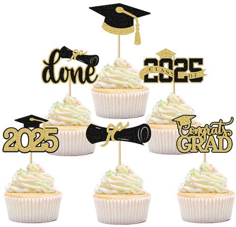 GOZINA Class of 2025 Graduation Cake Topper, 24 PCS Cupcake Toppers Graduation Cake Decorations, Congratulations Leavers 2025 Decorations, Black and Gold Cake Topper Party Props