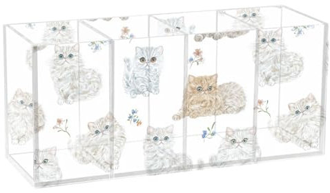 Foiosoh Acryl-Stifthalter für Schreibtisch, 4 Fächer, transparenter Schreibtisch-Organisation, Kunststoff, Make-up-Halter für Büro, Büro, Zubehör, lebhafte Selkirk Rex Katzen, Weiß