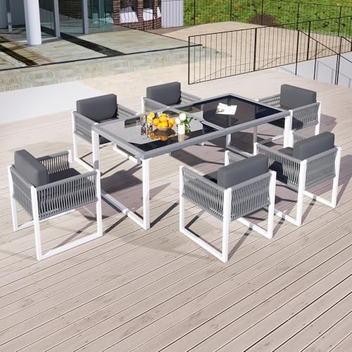 Merax Garten-Essgruppe, Gartenmöbel Set mit Tisch & Stühlen, mit Gehärtete Glasplatte, Ergonomische Seil-Sitze, Abnehmbarer & Waschbarer Stoffbezug, Für Garten & Terrasse, Grau und Weiß