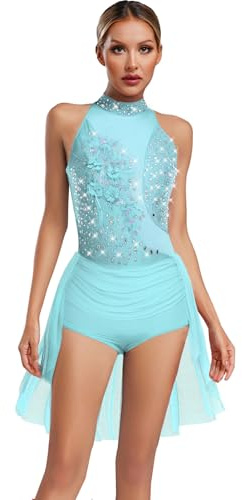 Miutii Glittery Lyrical Dance Dress for Women Irregular Skirted Leotard Sleeveless Applique Figure Ice Skating Dress Light Blue M