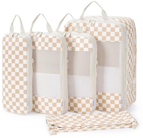 Narwey 5 Teilige Kompression Koffer Organizer Set, Compression Packing Cubes Reise Packwürfel Rucksack Organizer Set Packtaschen für Koffer, Kofferorganizer Travel Essentials Bag (Checker Helles)