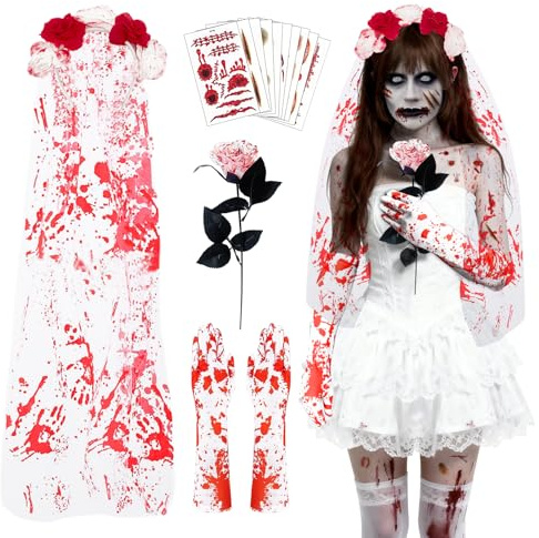 TIGcccwe Halloween Kopfschmuck Rosen Tag Der Toten Haarreif 100CM Blut Stirnband Rosen mit Handschuhe und 10 Tattoos,Tag Der Toten Haarrei für Frauen Damen Kostüm Accessoires