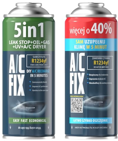 AC FIX 5 en 1 – sustituto R1234yf + 2 en 1 Refrigerante para aire acondicionado de coche con aceite, sellador, tinte UV y desecante. Aplicación rápida. Protege el compresor.