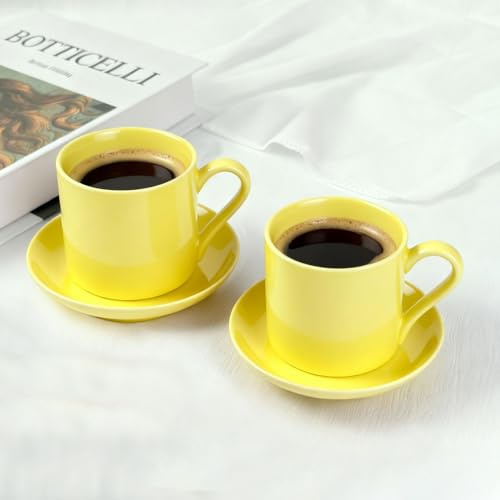3.5OZ Porcelain Espresso Cups Set of 2 with Saucer, Ceramic Demitasse Espresso shot Cups for Espresso Machine and Coffee Maker - Microwave Dishwasher Safe,Yellow