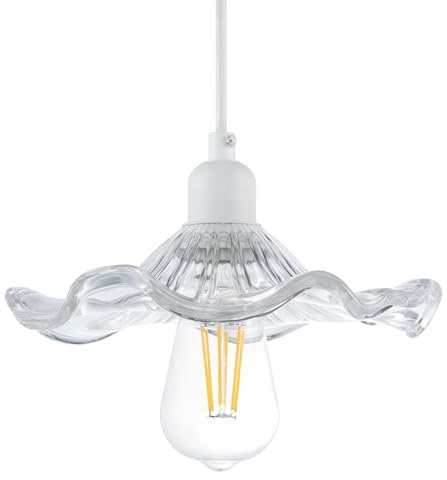 Modern Designer Ribbed Clear Glass Pendant Lighting Shade with Wavy Ruffled Edge | 6cm x 23cm | Chic Curving Etched Lines by Happy Homewares