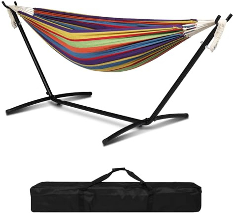 Bonnlo Hamac sur Pied avec Support en Acier, Hamac Extérieur en Coton-Polyester, Ensemble sur Pied Pliable, Porte 150 kg pour Jardin, Terrasse, Balcon (Multicolore, 300 * 120 * 100 cm)