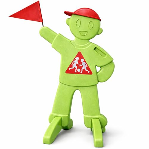 Från Steineich PlaySafe – varningsfigur för barn med flagga | varningsskylt observera lekande barn | reflekterande trafikvarningsstativ | långsam körning (grön)