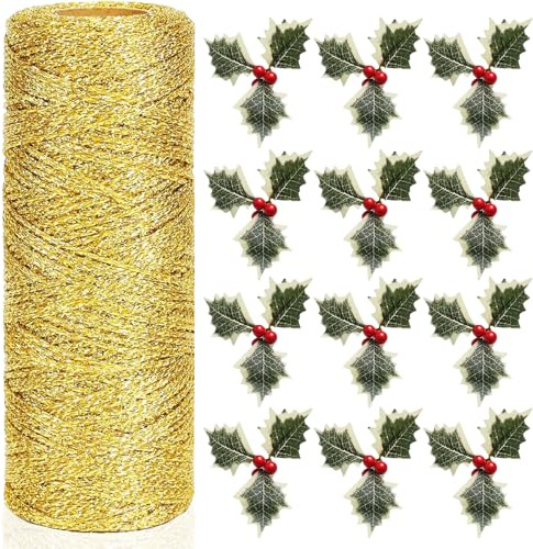 Tarqite 100 m cordoncino metallico dorato e 12 rami artificiali con bacche e foglie, cordoncino non elastico con bacche natalizie artificiali per confezioni regalo natalizie
