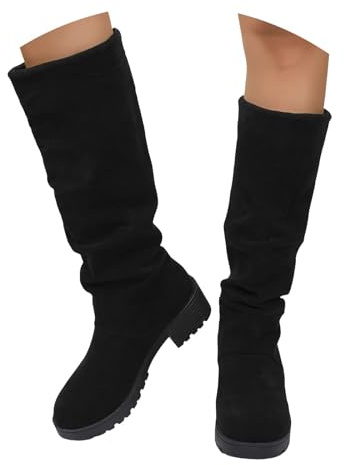 Bottes hautes en daim pour femmes - Hiver - Couleur unie - Style décontracté - Mollet large - Bout rond - Confort - Antidérapant - Longues bottines - Confortables - Talons épais et bloc, Noir , 36.5