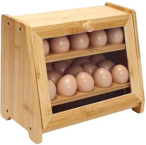 CHZIMADE Wooden Egg Boxes Rack Storage with 2 Layer Egg Holder Station | Easy to assemble, Durable Material, Egg Basket, Tray Container, for Countertop, Kitchen Organisers, 30x16x24cm