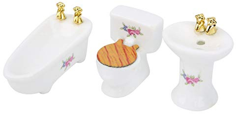 Eleage 1/24 Dollhouse Badrumsset Charmigt Keramiskt Badkar Toaletthandfat för Miniatyrlekrum (Ros)