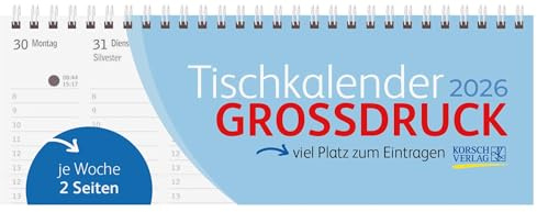 Tischquerkalender Großdruck 2026: 1 Woche 2 Seiten; Tischkalender quer mit extra grißen Zahlen und viel Platz für Notizen; Format: 29,8 x 10,5 cm