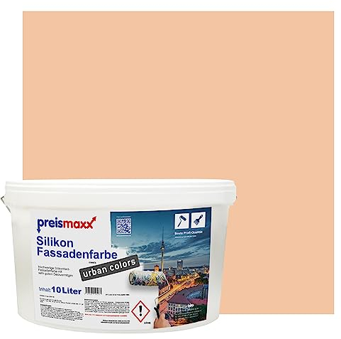 Preismaxx Silikonharz Fassadenfarbe, Pfirsich Orange 10L hochwertige, matte, wasserabweisende Aussen-Dispersion, sehr guter Regenschutz - Abperleffekt
