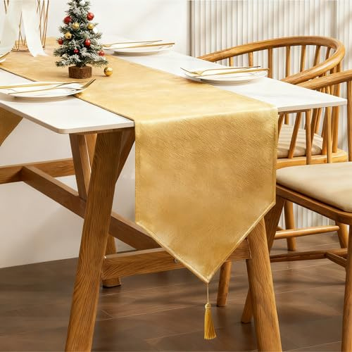 BALCONY & FALCON Waschbar Weihnachten Tischläufer 35 x 180 cm Leinenoptik Tischläufer Glänzend Wasserabweisend Tischwäsche Matte für Party Dekoration, Gold
