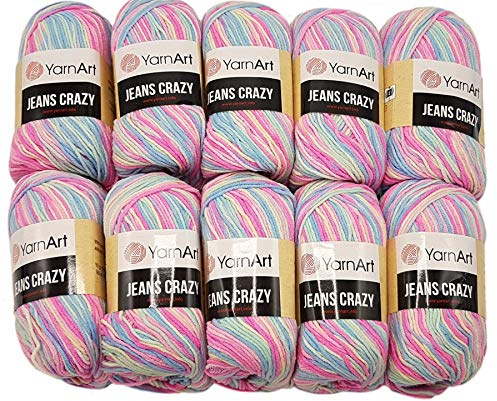 YarnArt Jeans Crazy Strickwollknäuel,10er-Packung, 50 g, aus 55% Baumwolle, 500 g Wolle mit mehrfarbigem Farbverlauf (Rosa, Blau, Mint usw. 7205)