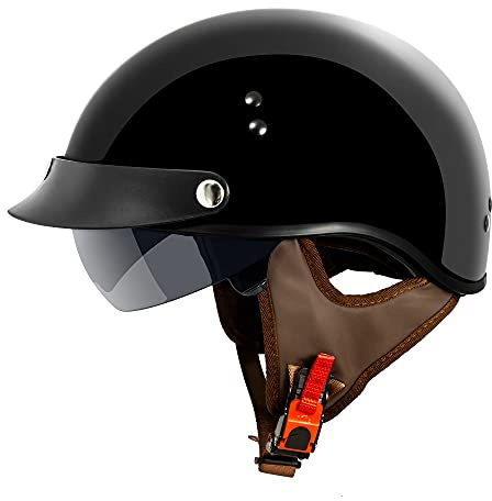 VCAN Cruiser Solid Gloss Black Half Face Motorcycle Helmet with Drop-Down Sun Visor, Removable Peak and Quick Release Buckle (X-Large)