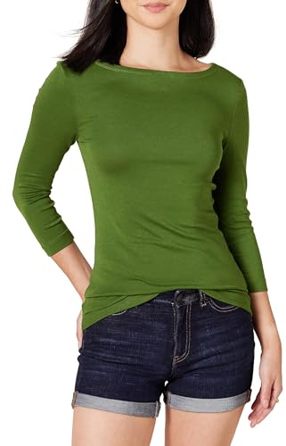 Amazon Essentials Damen Bateau-Ausschnitt T-Shirt mit 3/4-Ärmeln, Schmale Passform, Grün, M
