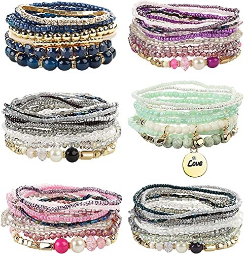 LOLIAS 6 Sets Bohemian Stackable Bead Armbänder Stretch-Armband Coil-Armband für Damen Mehrschichtiges Armband Armreifen Set Mode Perlen Schmuck