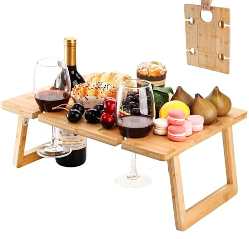 Peohud Portable Wine Picnic Table, Foldable Champagne Picnic Snack Table Tray, Wooden Outdoor Picnic Table with Glass Holder for Park, Beach, Camping, Bed, Wine Lover Gift