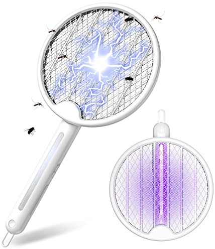 CONOPU Elektrische Fliegenklatsche 4000V Fliegenpatschern Klappbare Insektenfalle Fliegenfänger mit 1200mAh Akku USB extra Stark für Mücken Insekten mit UV/LED Licht 2 Schutzgitter, weiß