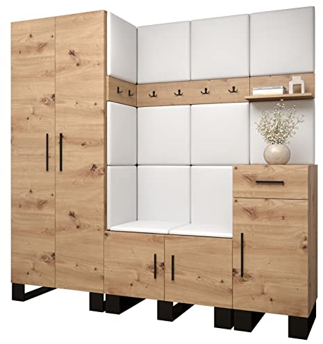 MEBLE KRYSPOL Garderobe Artin Set 1 mit gepolsterten Paneelen Industriell Design (Artisan Eiche + weißes Öko-Leder)