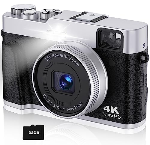 CAMKORY 4K Digitalkamera Fotokamera Autofokus 32G Karte 48MP Optischer Sucher Blitz Moduswahl Kompaktkamera fotoapparat Einfache Bedienung 16x Zoom Bildstabilisierung Einsteiger 2 Akku Vlogging Kamera