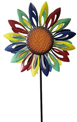 CIM Metall Windrad - Doppelwindrad Grand Rainbow Flower – Gesamthöhe: 183cm, Windrad-Durchmesser: 60cm – Gartendekoration Blume – wetterbeständig - inkl. 2-zackiger Bodenverankerung