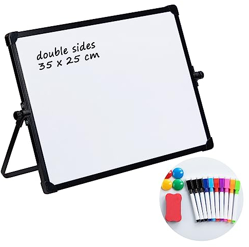 DOEWORKS Magnetisches Whiteboard 35 x 25cm, Magnettafel mit Schwarzem Ständer, Kleines Doppelseitiges Trocken Abwischbar Whiteboard, Mini Schreibtafel für Zuhause Schule Büro