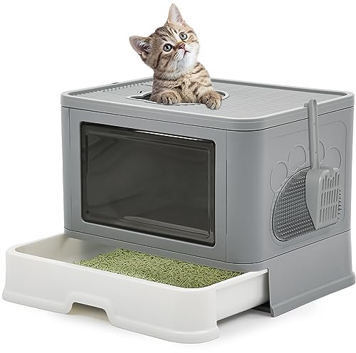 YITAHOME Katzentoilette mit Deckel, Katzenklo Groß, Katzenklo Hop In, Geruchlose Katzentoilette mit Kapuze, mit Streuschaufel, Reinigen (Grau)
