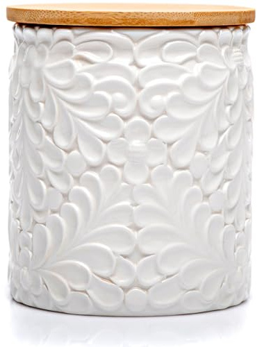 Small Engraved Ceramic Kitchen Canister - Storage Jars with Airtight Lids Made from Bamboo with Nature-Inspired Engraving - Use as a Pasta Holder, Coffee Ground Holder, Rice Container - 30 Ounces