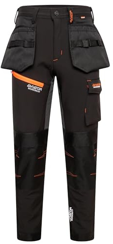 Men's Aviator Softshell Waterproof Cargo Workwear Trousers with Knee Pad Pockets Black