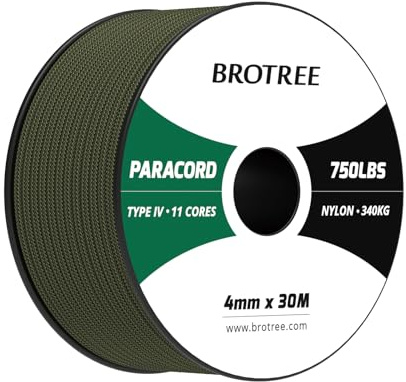 Brotree Paracord 750lbs 4mm 30M 100% Nylonrep 11 Trådar Snöre Typ IV för Utomhus, Camping, Hundkoppel, DIY, Hantverk - 340kg Brottlast (Armégrön)