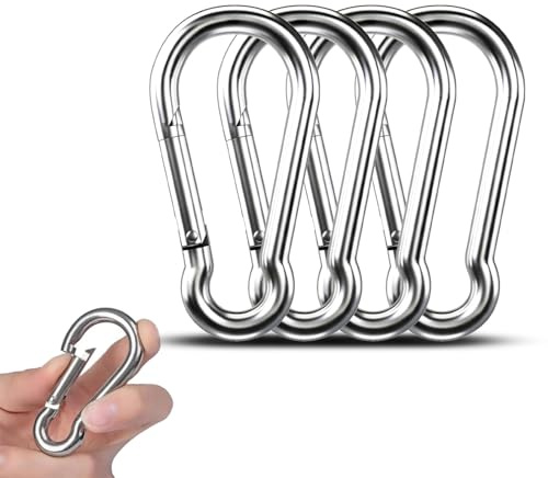 Lot de 4 mousquetons en acier inoxydable - Petits mousquetons M6 robustes - Pour porte-clés, pêche, randonnée, activités de plein air, camping, auvent (pas pour l'escalade)