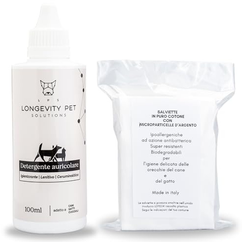 LPS Detergente Auricolare Cane e Gatto 100ml con Salviette Incluse | Pulizia Orecchie Cane e Gatto con Aloe Vera e Olio di Timo | Pulisci Orecchie Cani e Gatti per Otite, Prurito e Igiene Quotidiana